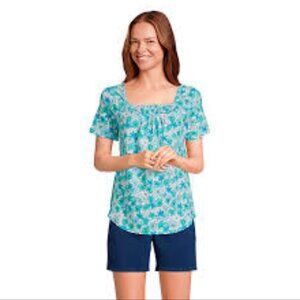 Lands End Blue Retro Floral Print Smocked Neck Top Blouse Sz L NWT